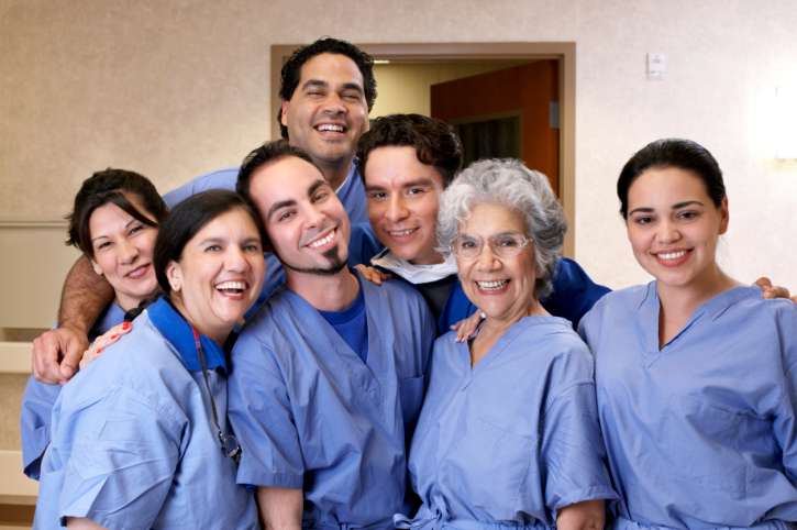 Team of healthcare workers in scrubs